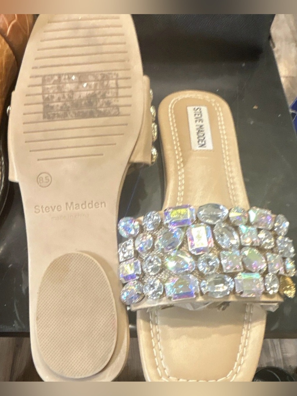 Steve Madden Nude Slide Sandals with Iridescent Crystal Embellishments - Picture 5 of 7